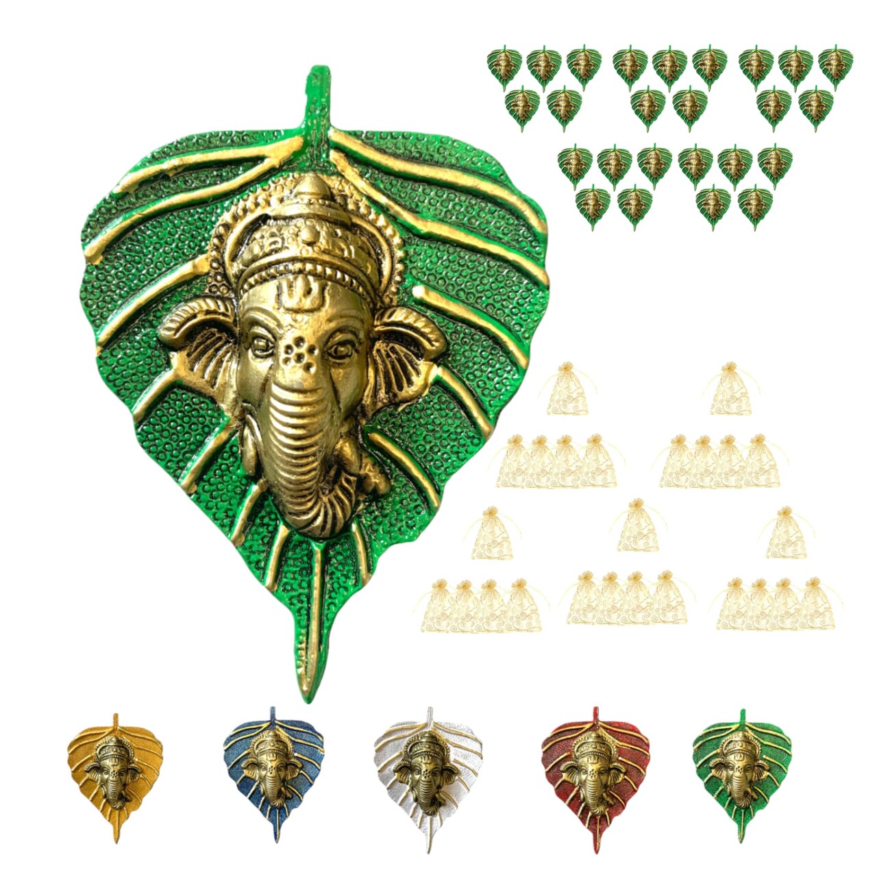 Metal Leaf Ganesha Diwali Decor Wall Hanging for Home & Office Housewarming Return Gift Pooja Favor Ganesha Decorative Wall Hanging Showpiece Pack of 1/2/5/25 Pcs